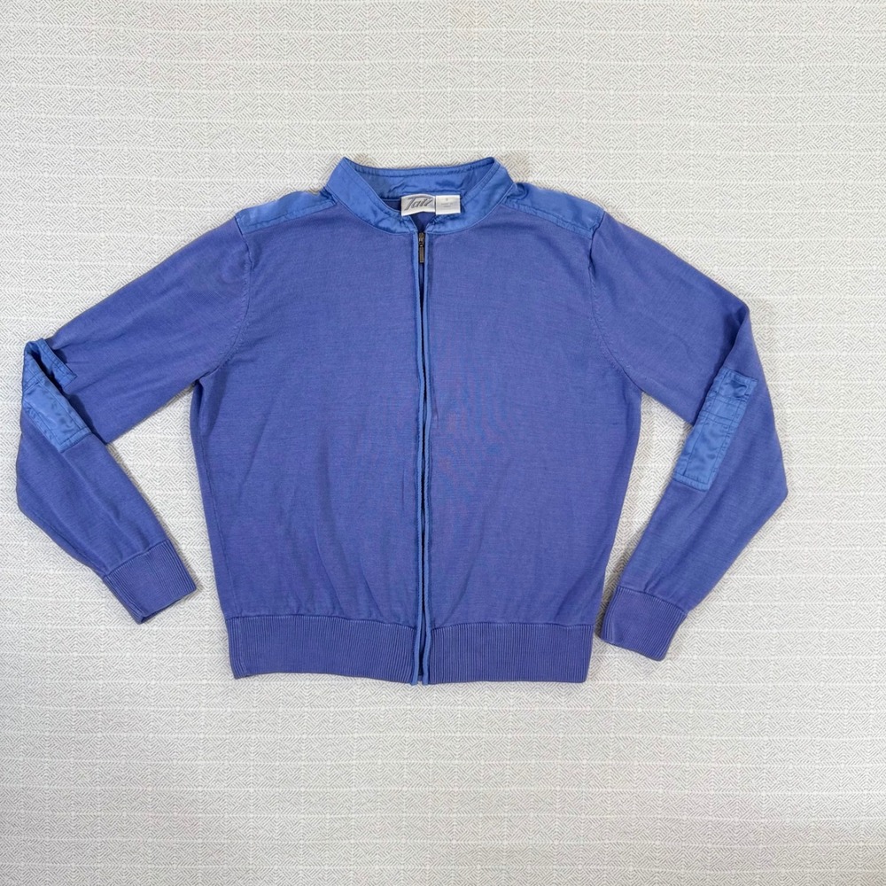 Tail Women Blue Silk Cotton Full Zip Mock Neck Cardigan Sweater Sleeve Pockets S
